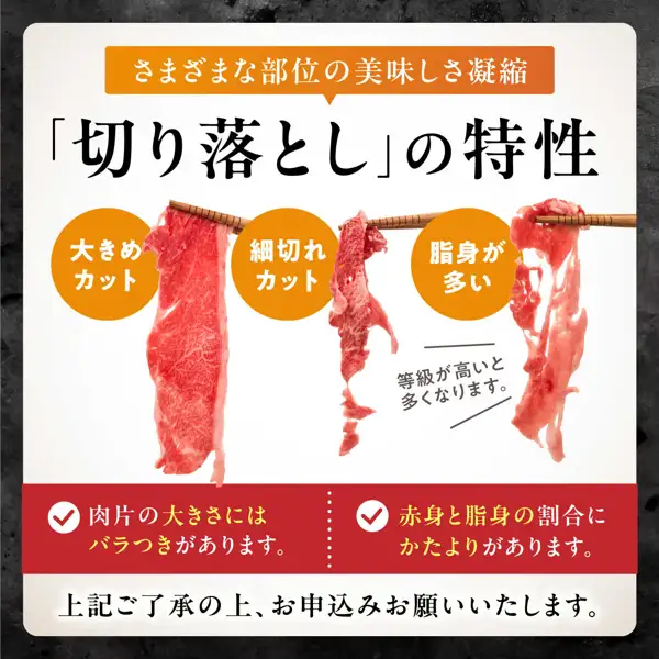 木の箸で1切れずつつまみ上げた生の牛肉の切り落とし3切れ（大きめの赤身の薄切り・細切れ・脂身の多い切れ）を、黒い背景の白い枠の中に並べた写真（佐賀産和牛 切り落とし 1kg・佐賀県吉野ヶ里町のふるさと納税）。店舗が画像に入れた表示として「さまざまな部位の美味しさ凝縮」「「切り落とし」の特性」「大きめカット」「細切れカット」「脂身が多い」「等級が高いと多くなります。」「肉片の大きさにはバラつきがあります。」「赤身と脂身の割合にかたよりがあります。」「上記ご了承の上、お申込みお願いいたします。」の文字