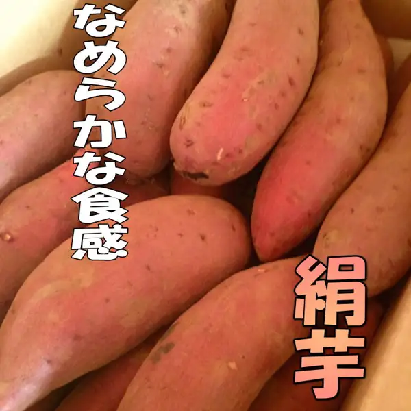 古川養豚場のシルクスイート 3kg（千葉県産）の商品写真。箱の中に、皮が赤紫色のさつまいもが並んでいる。店舗が画像に入れた表示「なめらかな食感」「絹芋」