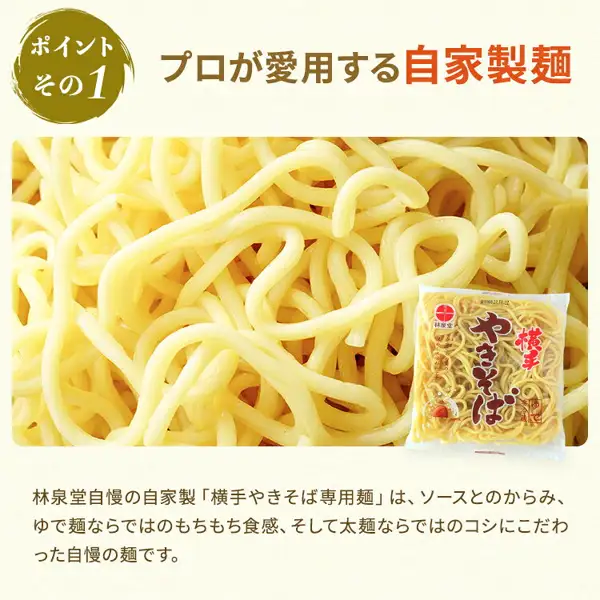 林泉堂 冷蔵 横手やきそば おためし4食の商品写真。ゆで麺の太い麺を大きく写した写真で、右下に林泉堂の「横手やきそば」のゆで麺の袋が1袋写っている（4食セット全体の写真ではない）。画像内に店舗が画像に入れた表示として、上部に「ポイントその1」「プロが愛用する自家製麺」、下部に「林泉堂自慢の自家製『横手やきそば専用麺』は、ソースとのからみ、ゆで麺ならではのもちもち食感、そして太麺ならではのコシにこだわった自慢の麺です。」の文字あり。