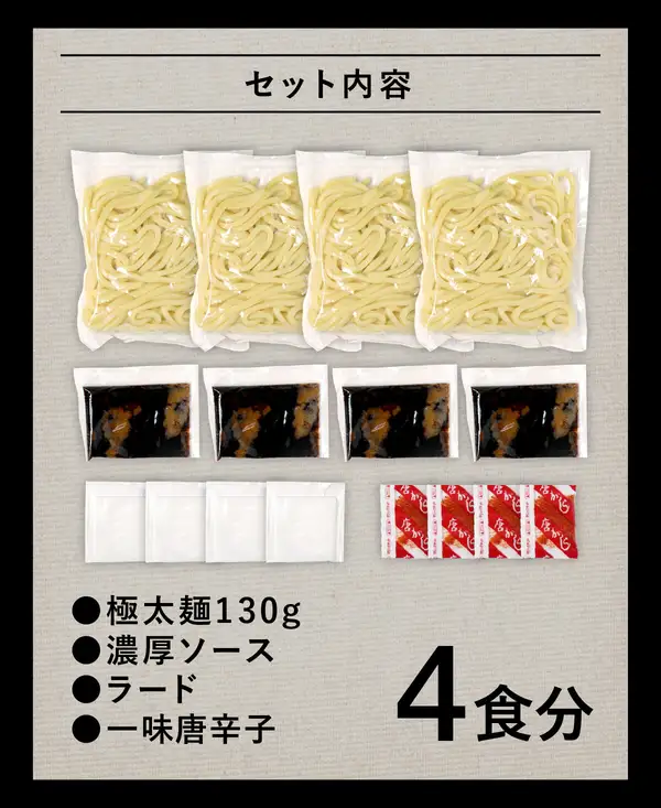 なみえ焼きそば 極太麺 元祖味ソース4食(常温)のセット内容の写真。灰色の背景に、麺の袋4つ、黒いソースの袋4つ、白い小袋4つ、赤い小袋4つが並ぶ。画像内に店舗が画像に入れた表示として「セット内容」「極太麺130g」「濃厚ソース」「ラード」「一味唐辛子」「4食分」の文字あり。